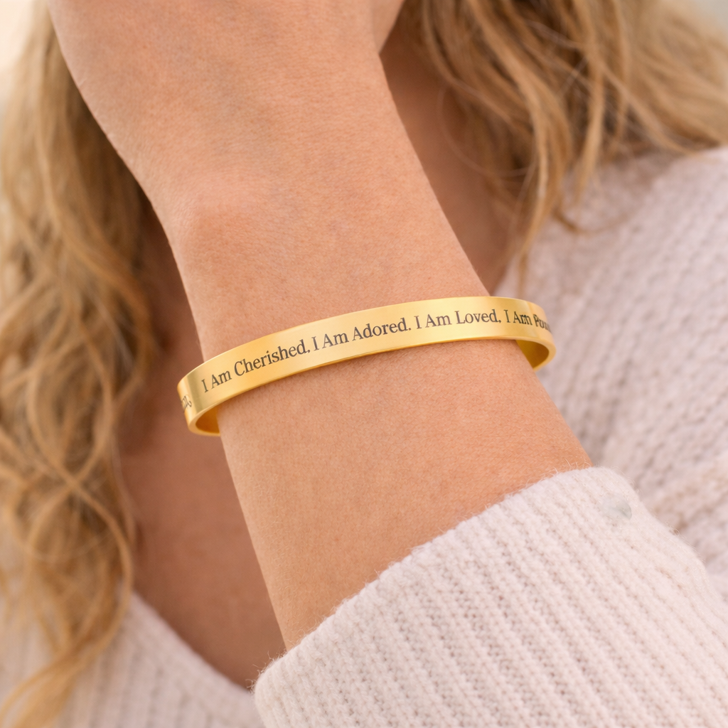 Gold Engraved Affirmation Bracelet — “I Am Cherished. I Am Loved. I Am Powerful. I Am Abundant.”